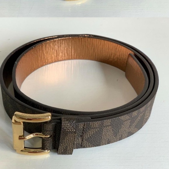 NWT Michael Kors brown MK logo gold buckle belt M statement belt main image 3